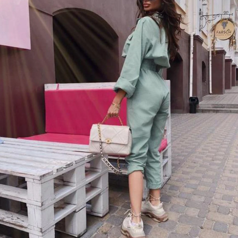 

Autumn Streetwear Casual Solid Color Tooling Jumpsuit Fashion Lapel Long Sleeve Zipper High Waist Women'S Jumpsuit 2020 New