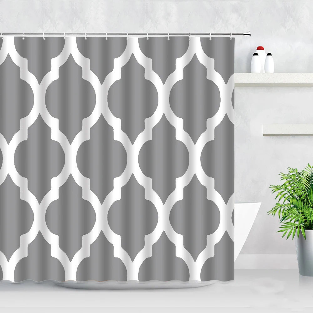 

Geometric Pattern Shower Curtain Set White Stripes Modern Natural Waterproof Polyester Fabric Home Decor Hooks Bathroom Curtains