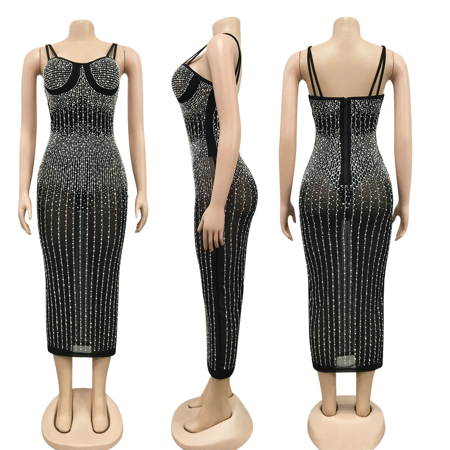 Сексуальное прозрачное Сетчатое платье со стразами без бретелек с V-образным
