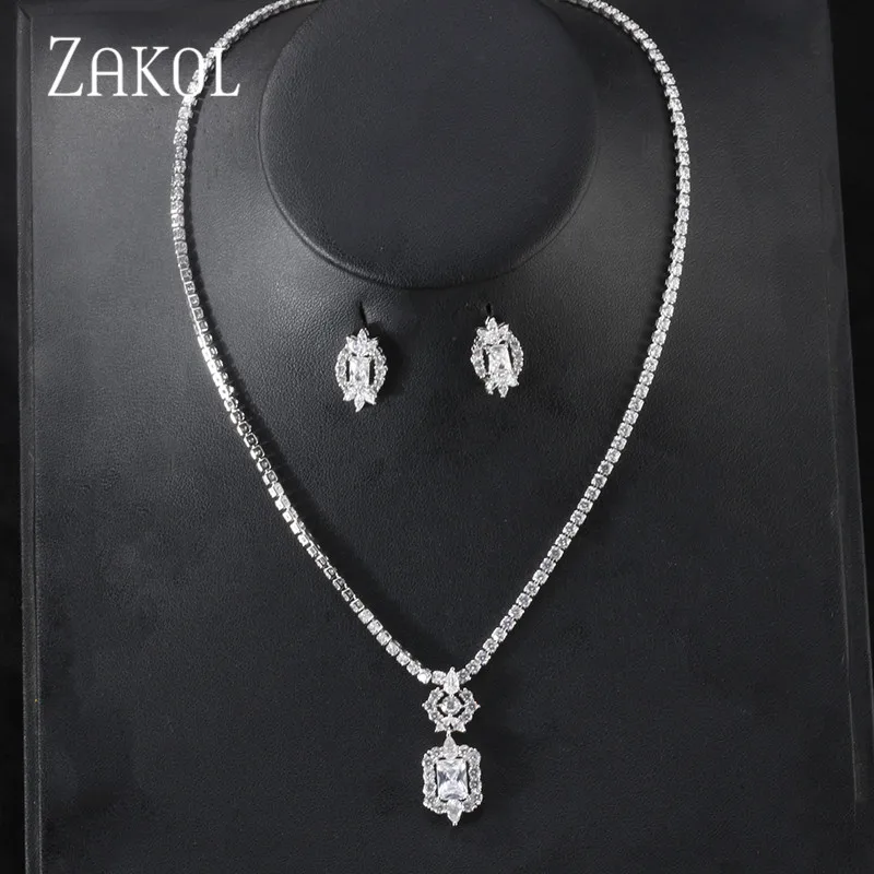 ZAKOL новейший роскошный Искрящийся кубический циркон серьги ожерелье тяжелый ужин комплект ювелирных изделий Свадебные аксессуары для одежды FSSP462