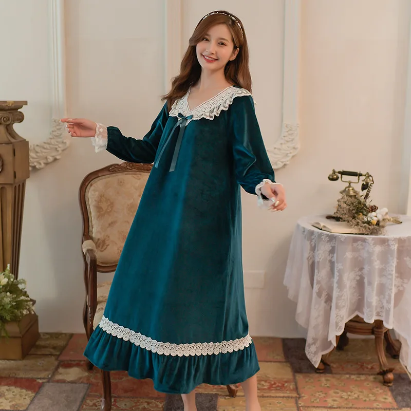 Ночные рубашки в стиле принцессы Женская осенне-зимняя утепленная Вельветовая