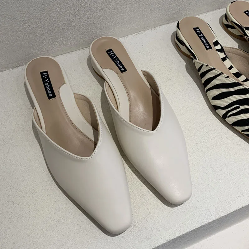 

New Brand Slippers Women Square Toe Slip On Mules Shoes Fashion Zebra Snake Pattern Low Heel Ladies Slides Female Spring Loafers