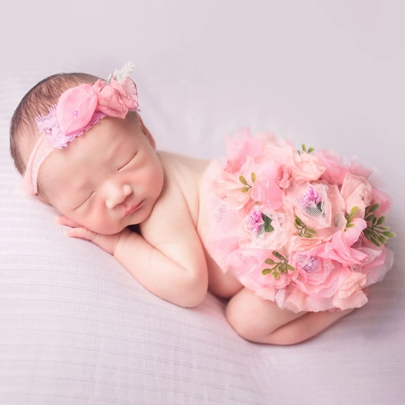 Accesorios de fotograf&iacute;a para reci&eacute;n nacidos, 2 uds., banda para el pelo para beb&eacute;, conjunto de coj&iacute;n redondo de flores, diadema, Kit de disfraz para sesi&oacute;n de fotos de beb&eacute;s-0