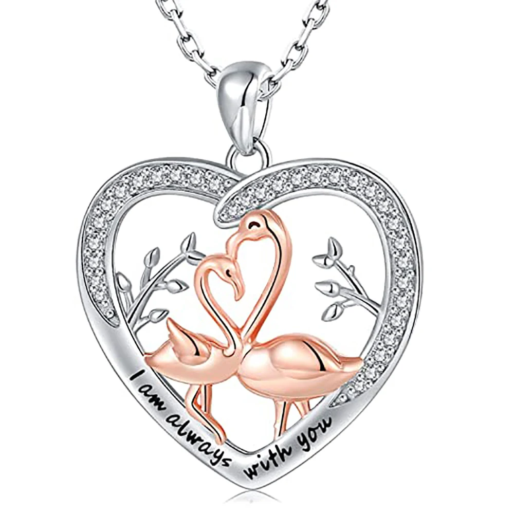 

925 Sterling-Silver Heart Flamingo Mom and Kids Pendant Necklace Valentine Mother's Day Jewelry Gifts for Women Girlfriend Wife