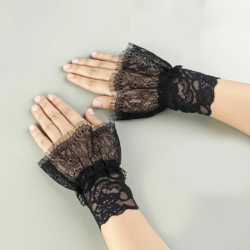 

Women Detachable Arm Sleeves Pleated Cuff Lace Accessories Elastic Horn Cuffs Hollow Hook Shirt Decorated Accessories