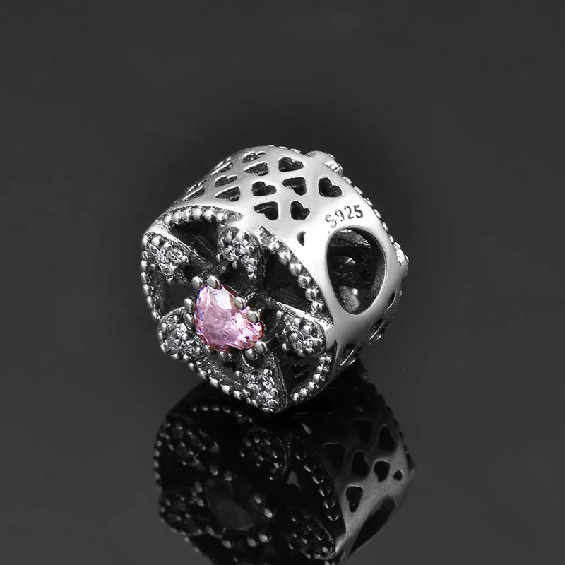 Holiday gifts 925 Sterling Silver hollow out flower shape pink CZ Beads for Jewelry making Fit Original europeu Charm Bracelet | Украшения