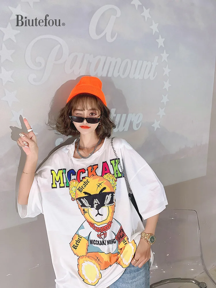 

2021 Summer Women Long Loose Cartoon Sequins Print Beading Chic T-Shirt
