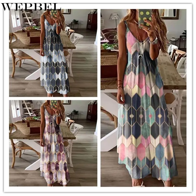 

WEPBEL Dress Women's Casual Colorful Geometric Print Irregular Dress Summer V-neck Backless Spaghetti Strap High Waist Dress