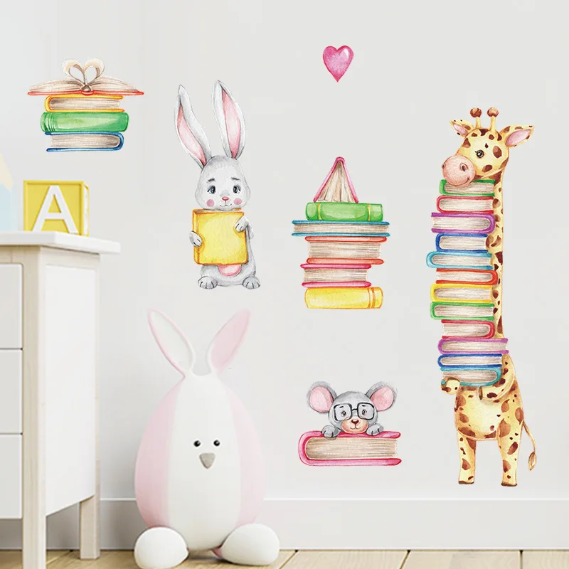 

Cartoon Animal Decals Children Bedroom Stickers Giraffe Rabbit Wall Stickers Kindergarten Decoration Library Mural Kawaii Mural