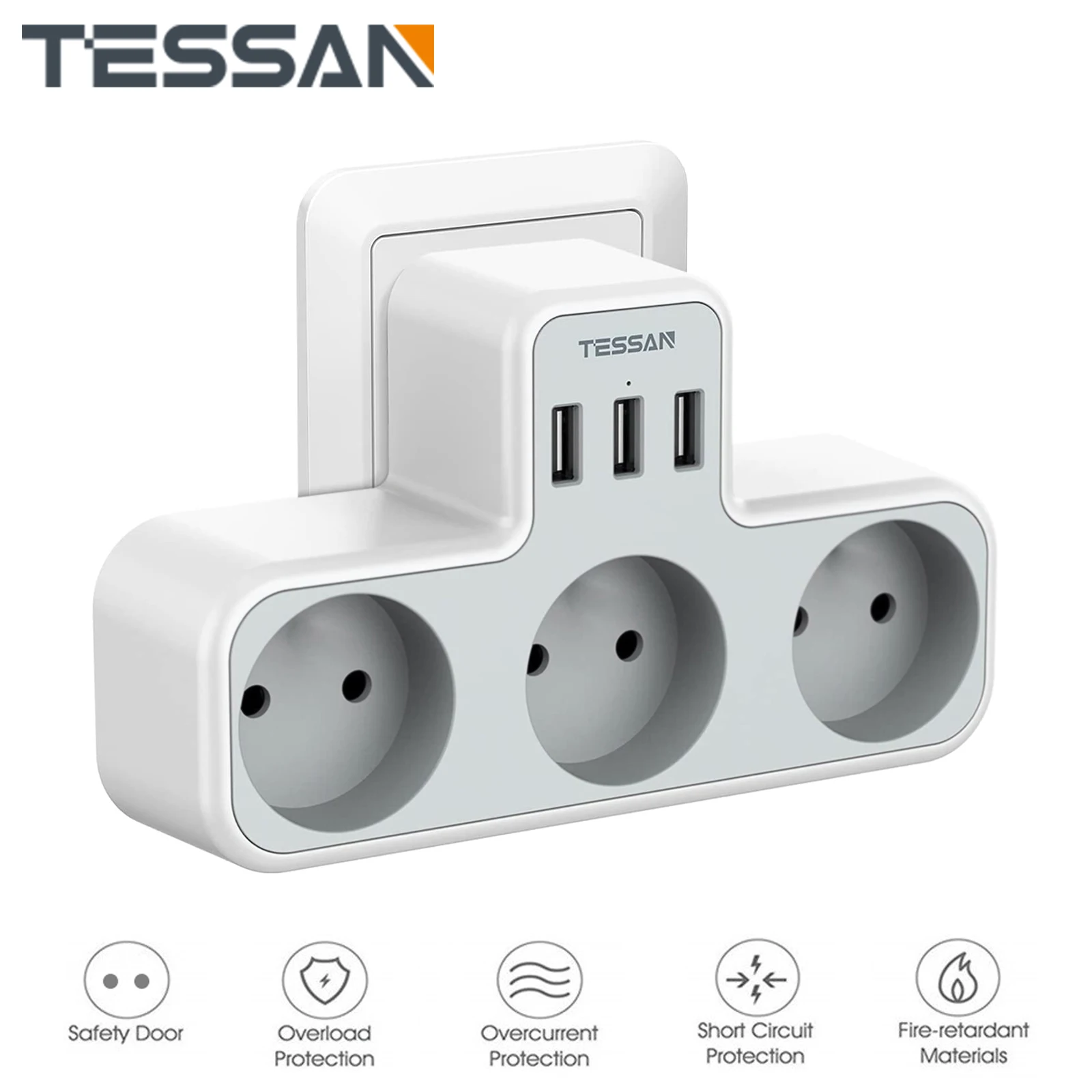 

TESSAN 6-in-1 Compact USB Power Strip with 3 Outlets and 3 USB Porst, EU Wall Socket with Overload Protection, for Phone, Laptop