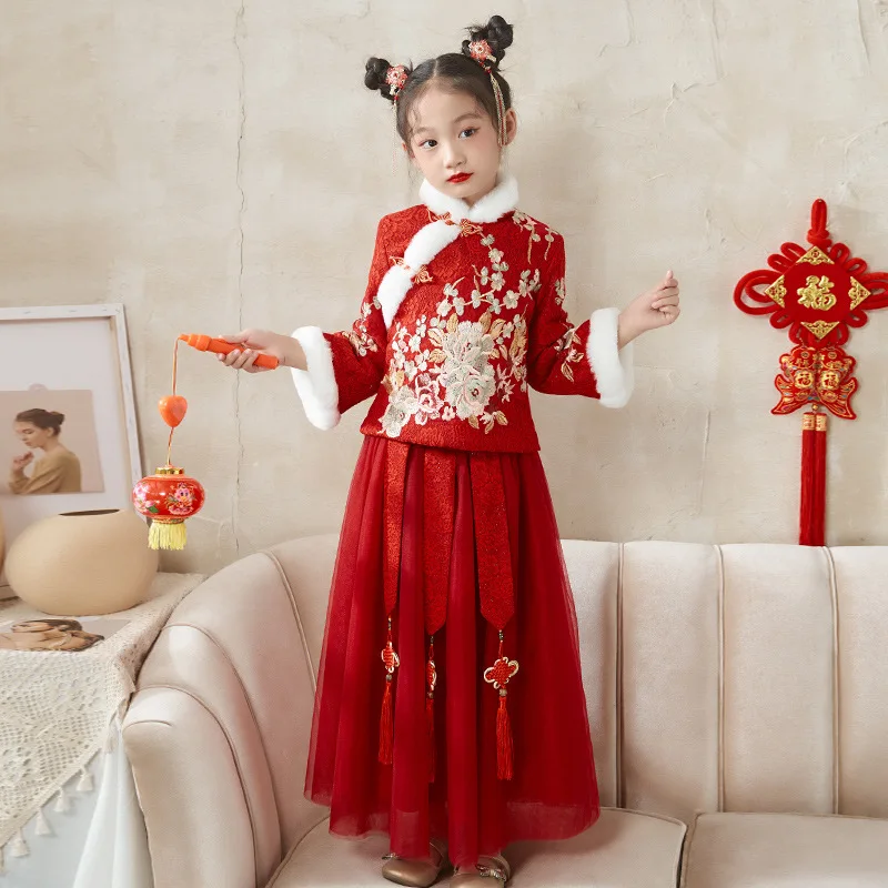 

Wedding Children Warm Dress Chinese Traditional Embroidery New Year Outfits Kids Thick And Quilted Girls Lovely Hanfu