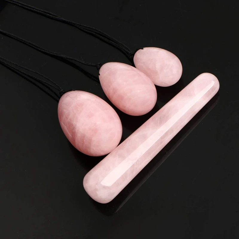 

Eggs Stick, 3 Pcs Drilled Natural Rose Crystal Quartz Jade Eggs + 1 Pcs Massage Stick for Kegel Exercise 4Pcs Set
