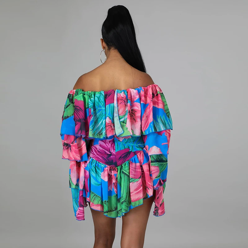 

Bonnie Forest Sexy Off Shoulder Floral Print Short Jumpsuits Women Rompers Bohemian Flare Sleeve Chffion Playsuits Beach Wears