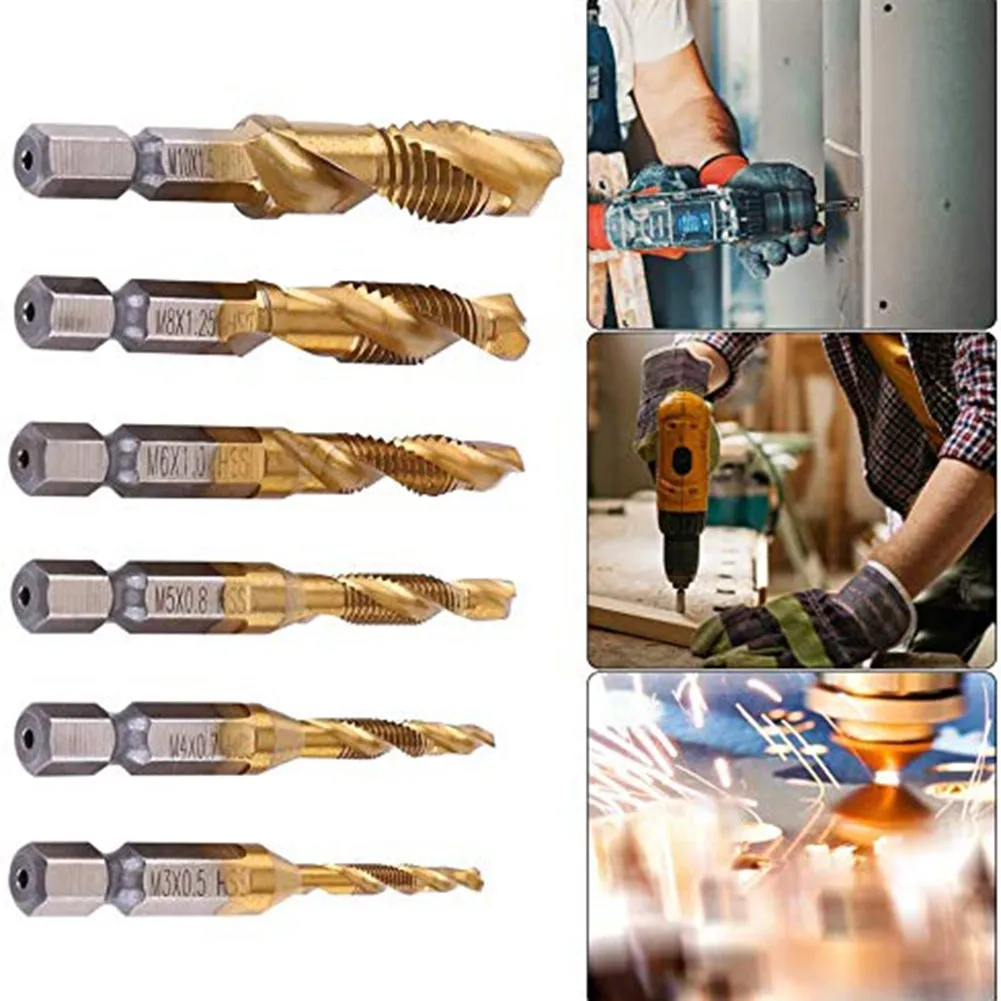 

6pcs Metric Thread M3-M10 Titanium Coated High Speed Steel Drill And Tap Bits 1/4 Hex Shank High Quality