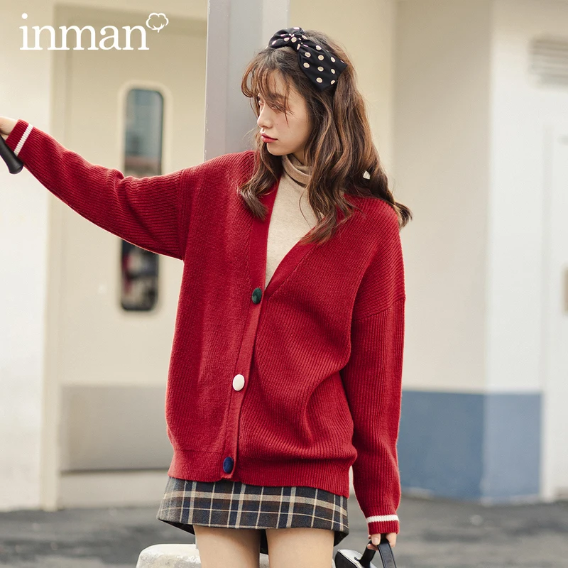 

INMAN Winter Retro Collegiate V-neck Pure Color Knitted Cardigan Loose Women's Sweater