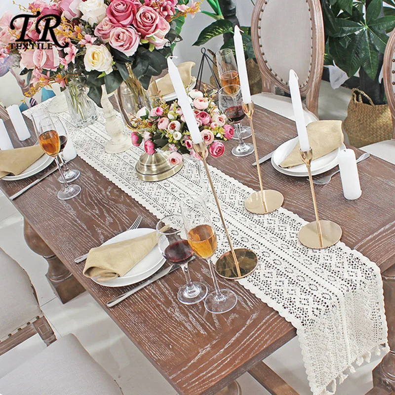 

Wedding Decor Tablecloth Nordic Romance Table Cover Coffee Runners Crochet Hollow Lace Table Runner Tassels Beige 100% Cotton