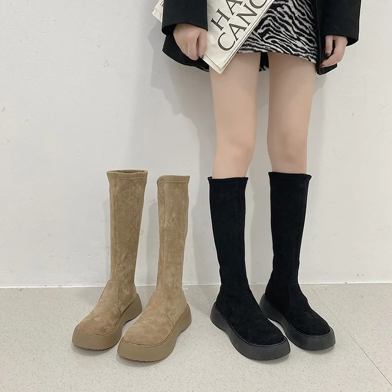 

Женские сапоги, зима 2021, новые теплые и толстые, но до колена, женская обувь на толстой подошве, удобная обувь на платформе