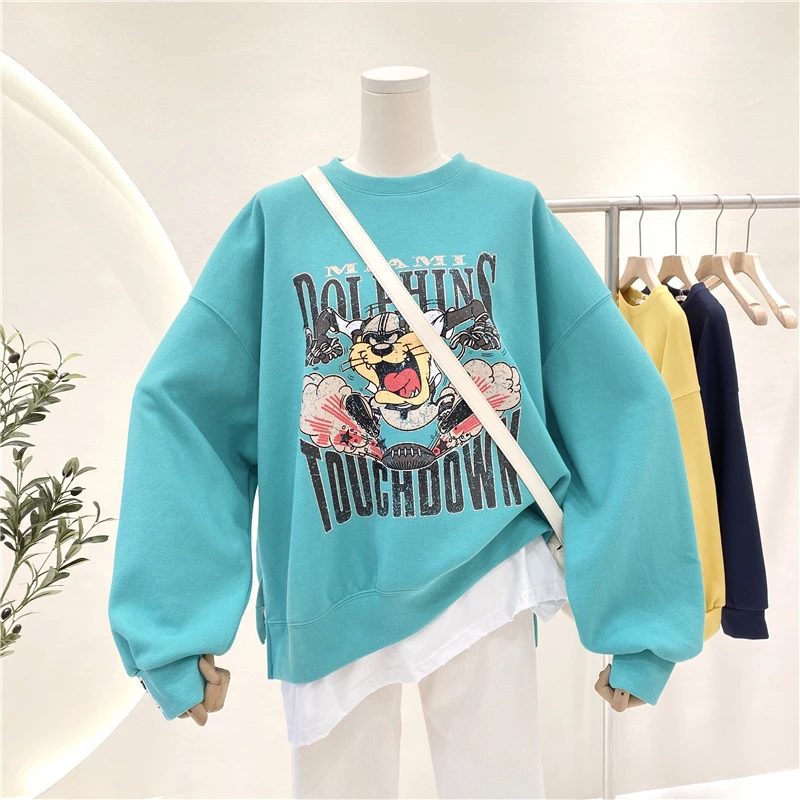 

Женский свитер с длинным рукавом, Свободный Повседневный пуловер с белыми краями и принтом в виде вихревой собаки, весна 2021