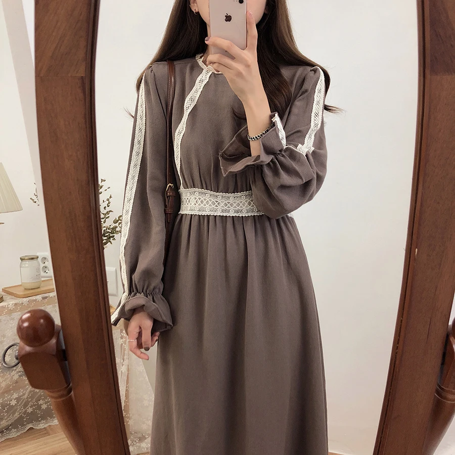 Винтажные Хлопковые женские платья модная осенне зимняя базовая одежда
