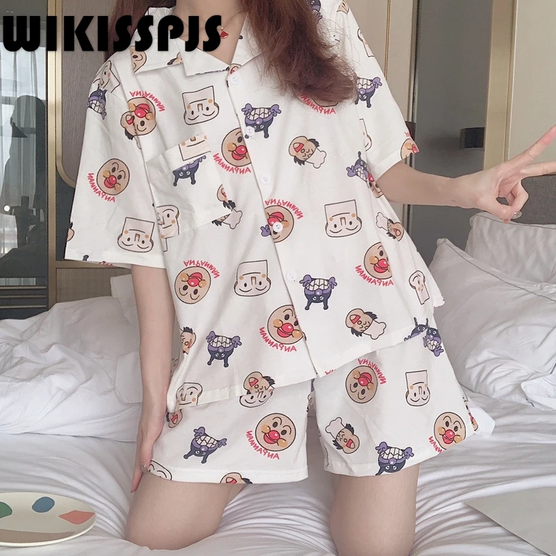 

WIKISSPJS Printed Pajamas Women's Cute Short Sleeve Shorts Housewear Kawaii Pajama Loungewear Sleep Tops Sleepwear Women Set Pjs