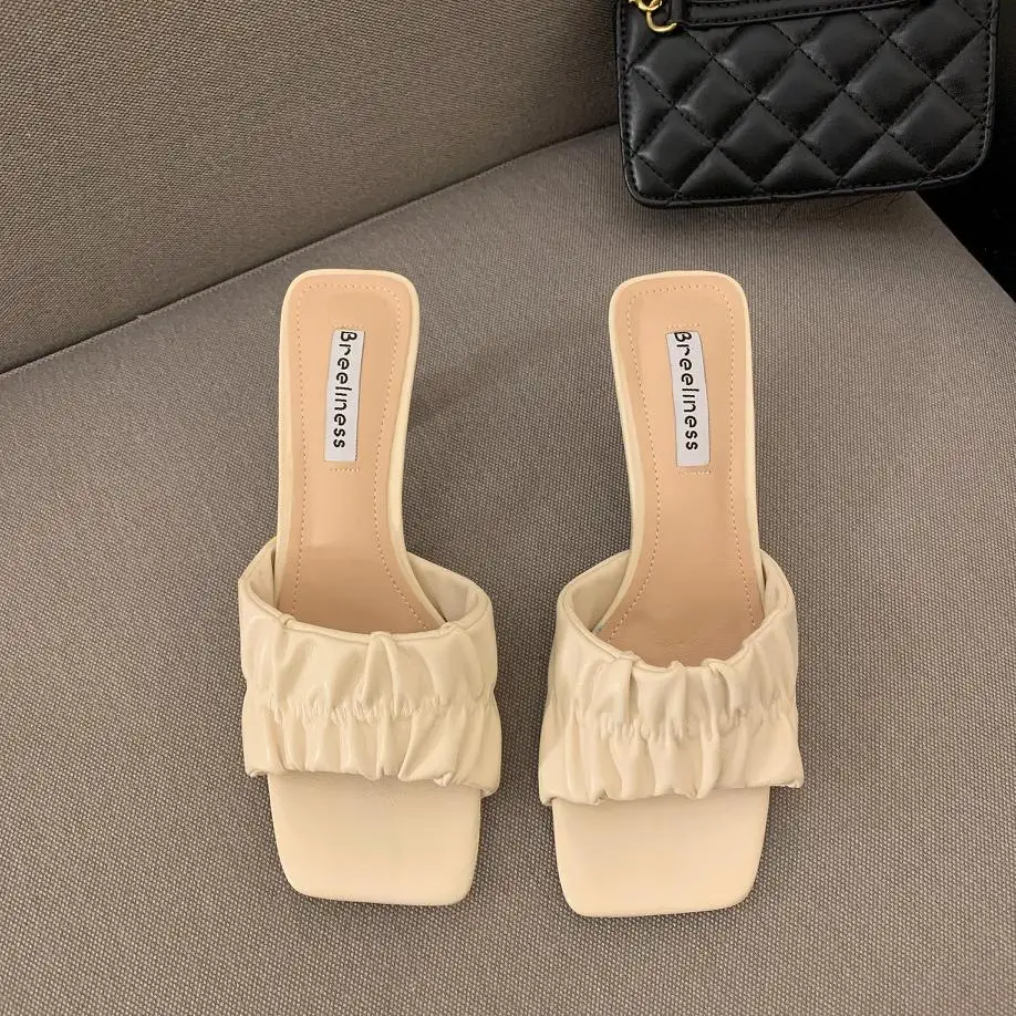 

ZAR 2021 Summer New Khaki Fashion Square Toe High Heels Sexy Outer Wear Stiletto Muller Sandals And Slippers Women Luxury Brand