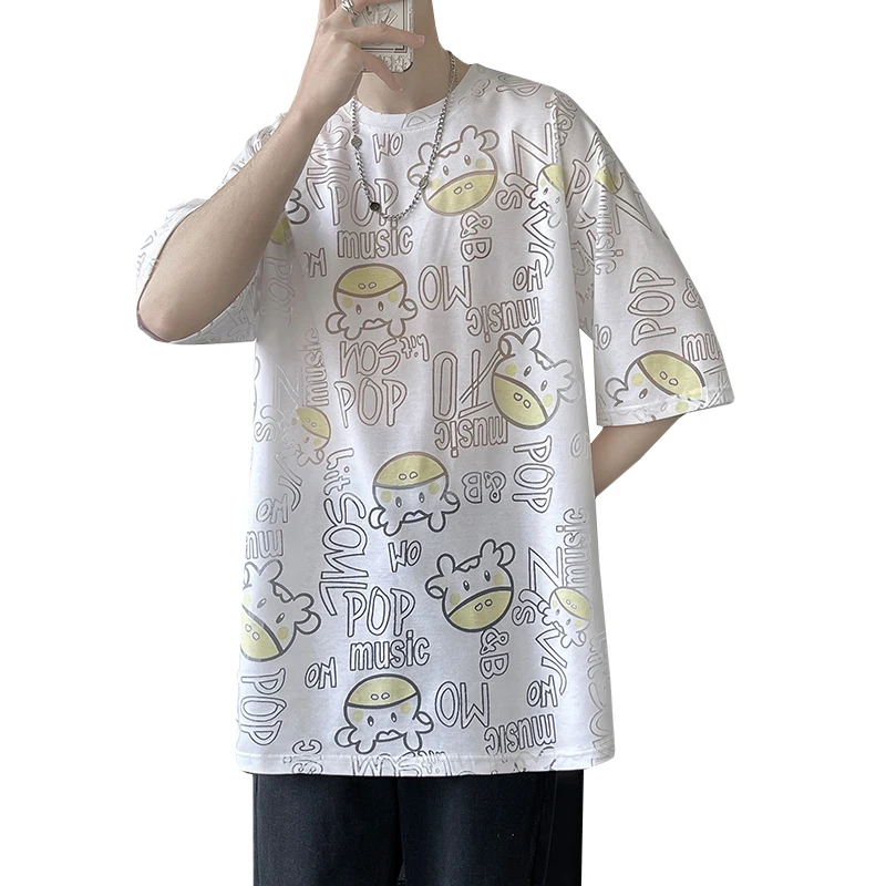 

Men's Summer Cartoon Anime Pure Cotton Solid Color Round Neck Drop Shoulder Sleeve Half Sleeve Short Sleeve T-Shirt Fashion Kore