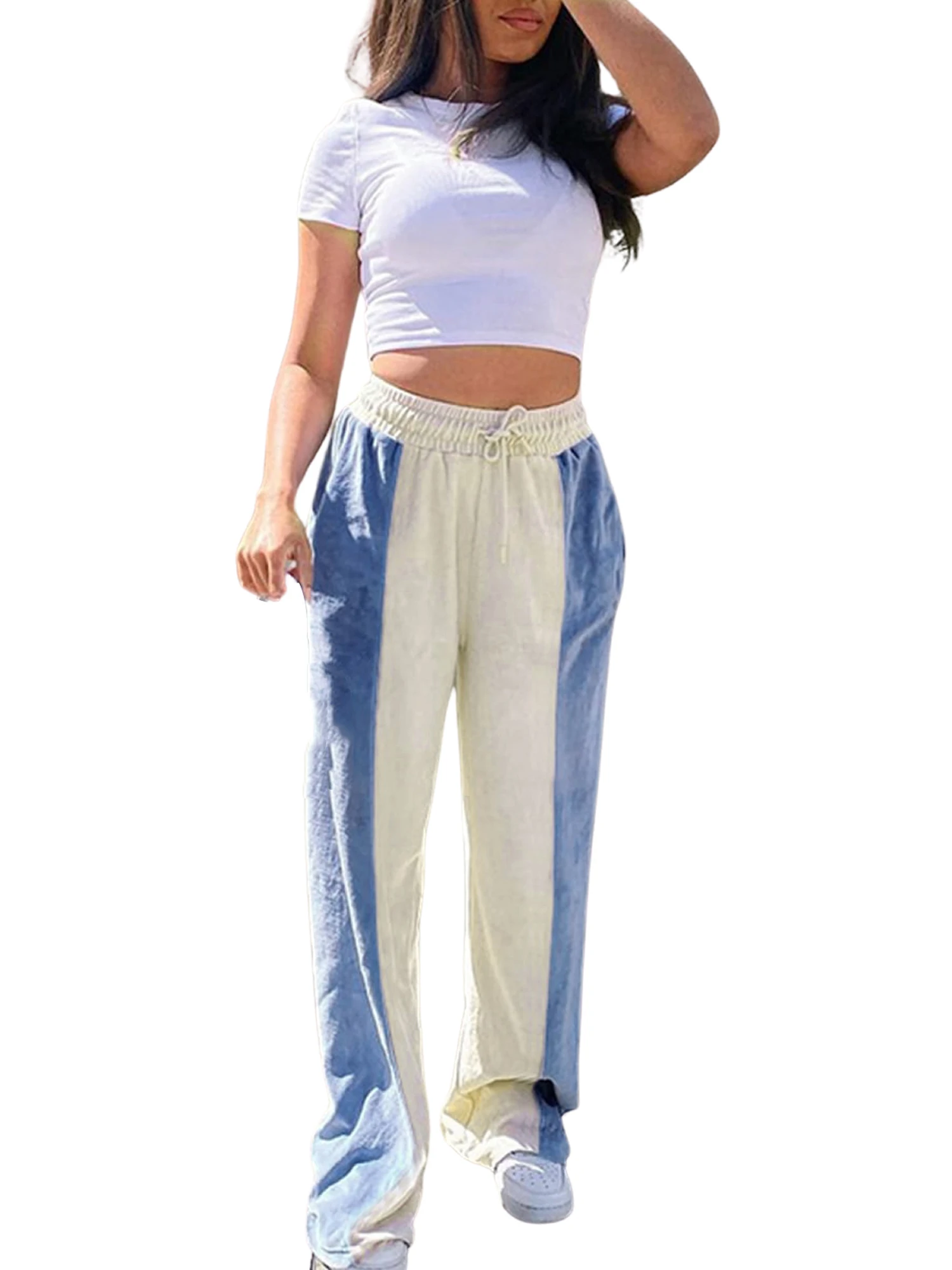 

Women Plush Wide Leg Pants Elastic Waist Color Block Letter Embroidery Loose Pants