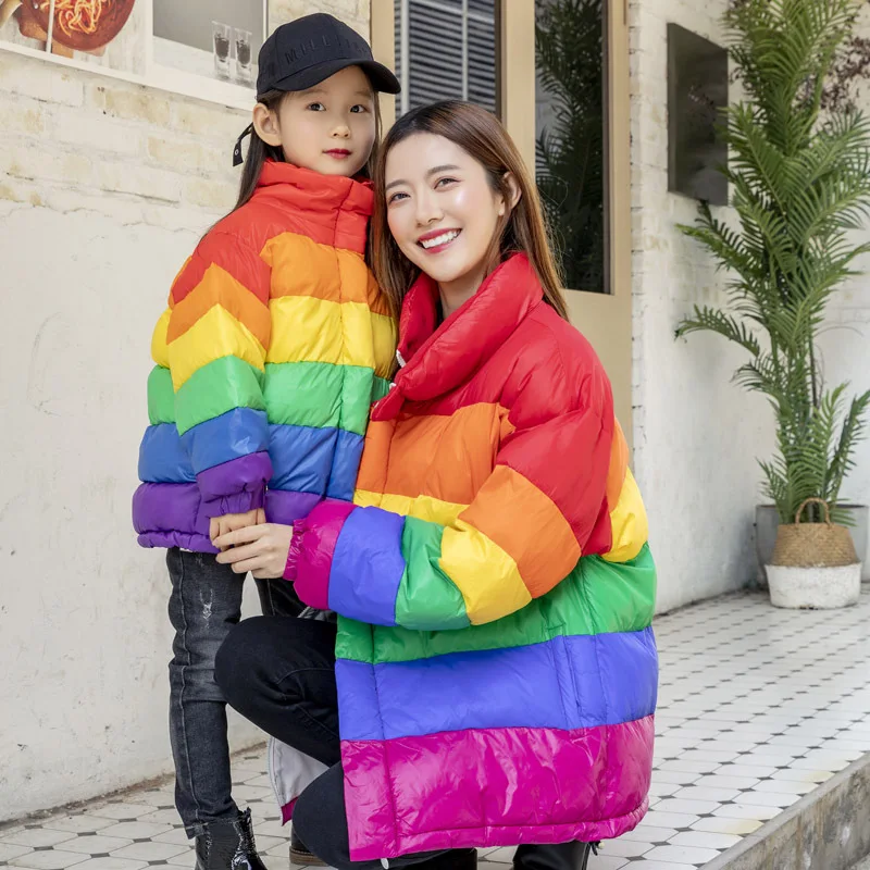 NEEDBO Winter Coat Hooded Parka Coat Rainbow Clothes Girl Cotton Outwear Warm Thick Casual Hooded Jacket Clothing Streetwear