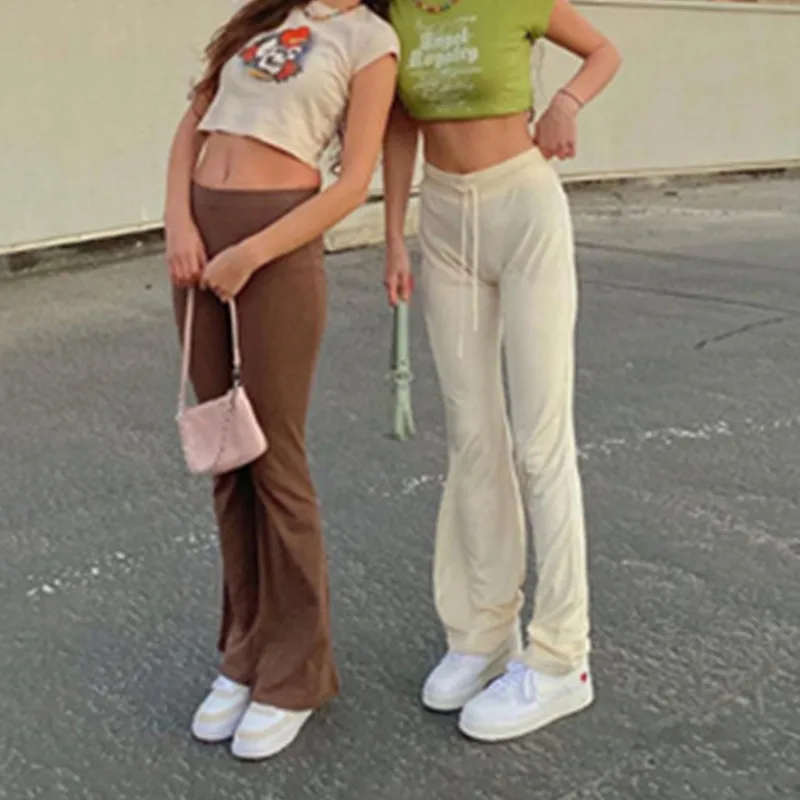 

Уличная одежда 2021 Y2K Бархатные расклешенные брюки с высокой талией в стиле 90-х эстетичные брюки полной длины с кулиской для бега повседневны...