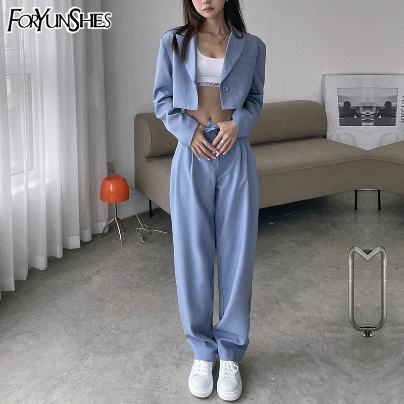 

Women Sexy One Button Casual Cropped Blazer Jacket+High Waist Straight Draping Effect Pants 2021 Autumn Korean Harajuku Suits