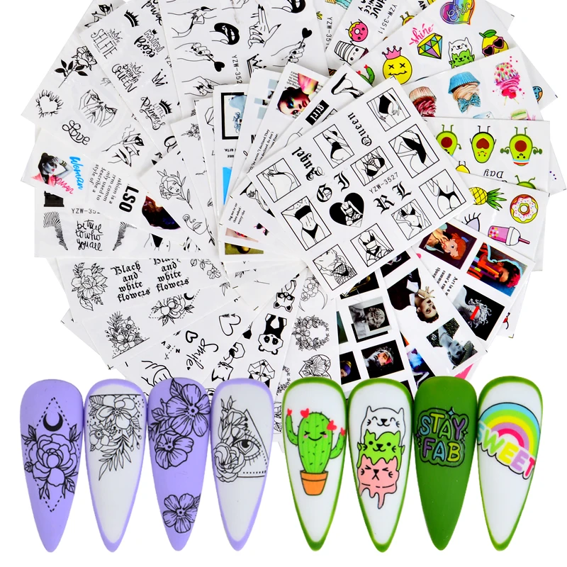 

Черные наклейки для дизайна ногтей с русскими буквами и цветами, этикетка, лента, наклейки, черная абстрактная панда, лицо, новый стиль 2021, ак...