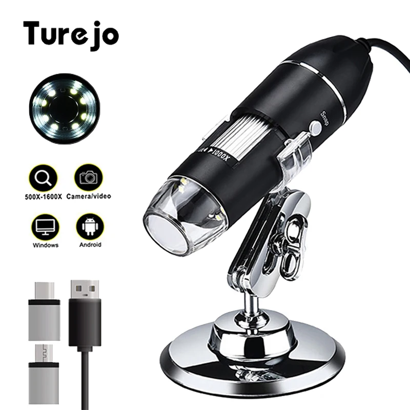 Microscopio Digital ajustable de 1600X, 1080P, 8 LED, tipo C, Micro USB, lupa, endoscopio estéreo electrónico para teléfono y PC