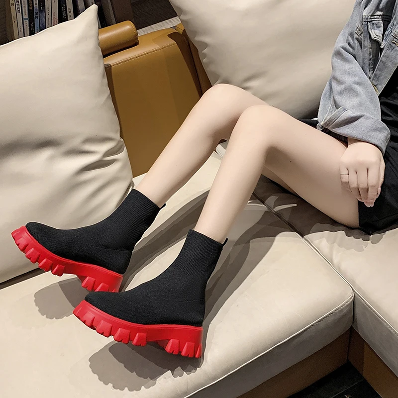 

Women Shoes Chunky Platform Sock Boots Stretch Fabric Botas De Mujer Ladies Mesh Slip on Mid-Calf Thick Heels Chelsea Booties