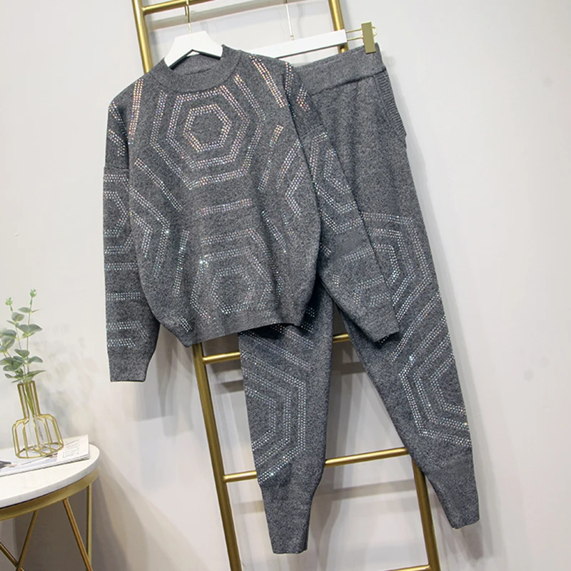 HIGH STREET стильный подиумный костюм набор женский со стразами украшенный бисером пуловер Свободный свитер вязание брюки набор