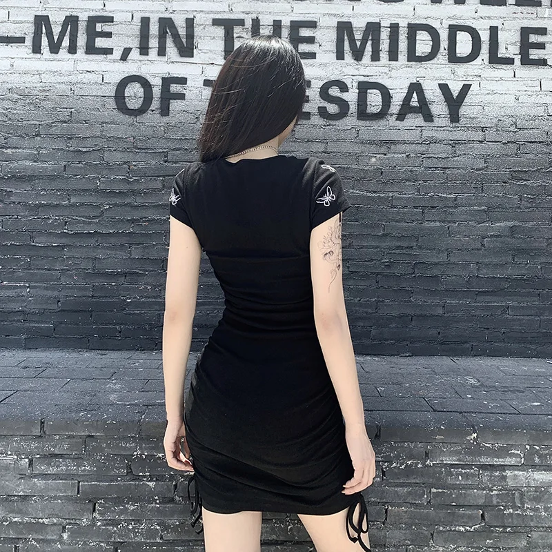 Горячая Распродажа черные платья с коротким рукавом и принтом бабочки женские