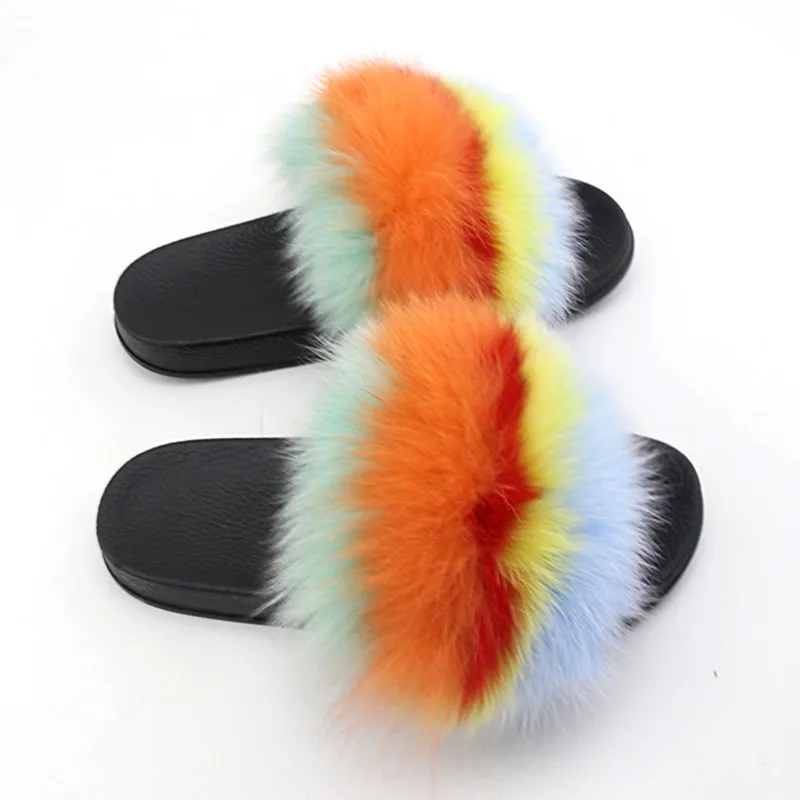 

New summer Ladies Home Imitation Fur Slippers Fashion Natural Fluffy Plush Slides Women's shoes Faux Furry Flat Flip Flops