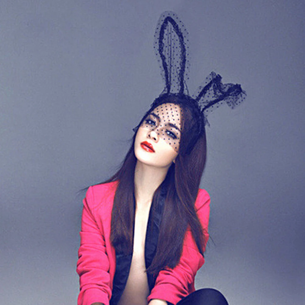 

1pc Sexy Lace Bunny Cat Ear Bob Veil Mask black Dot Headband Headwrap Party cosplay Costume Charming Hair Accessories