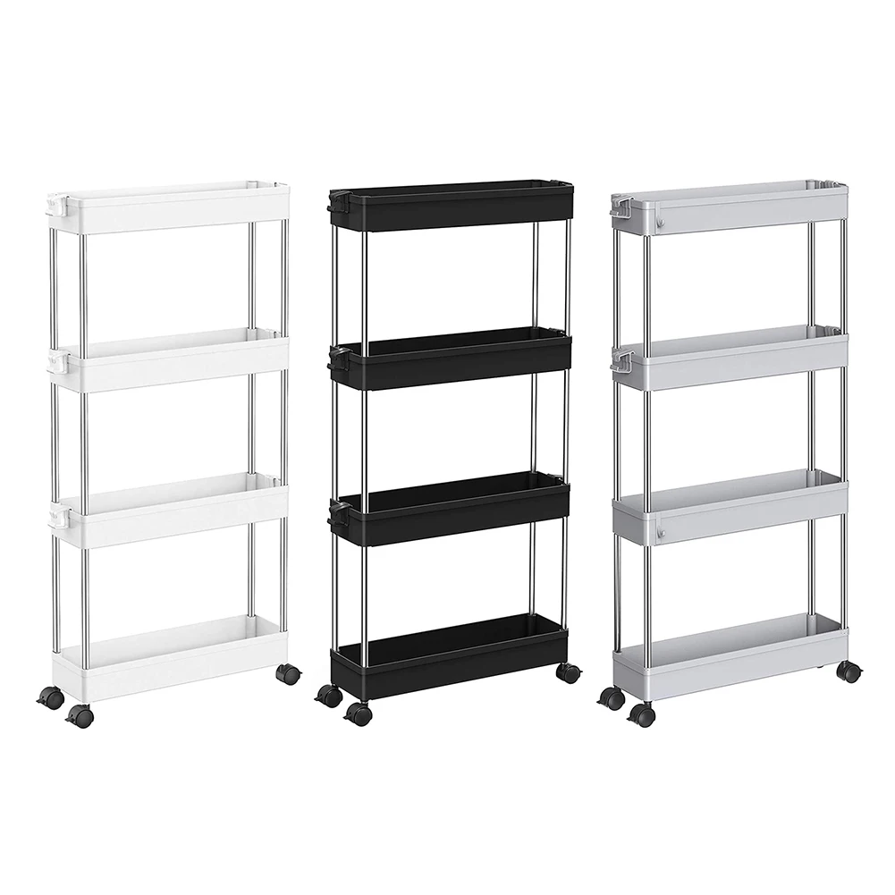 

Adjustable 4/3 Layer Storage Trolley Shelf Bathroom Kitchen Organizer Cart Rack with Wheels Household Office Rolling Decor