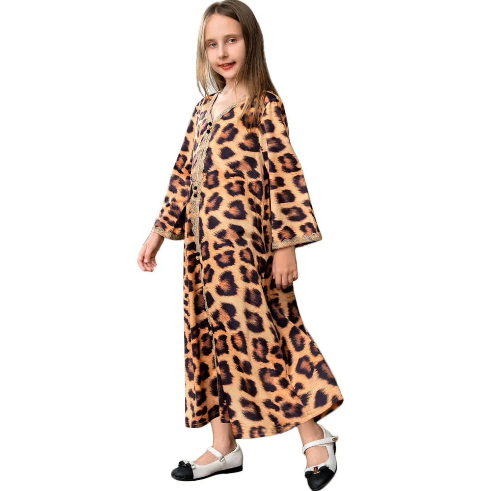 

autumn and winter temperament leopard print Brown women's wear children's wear women's fashion dress abaya parent-child wear