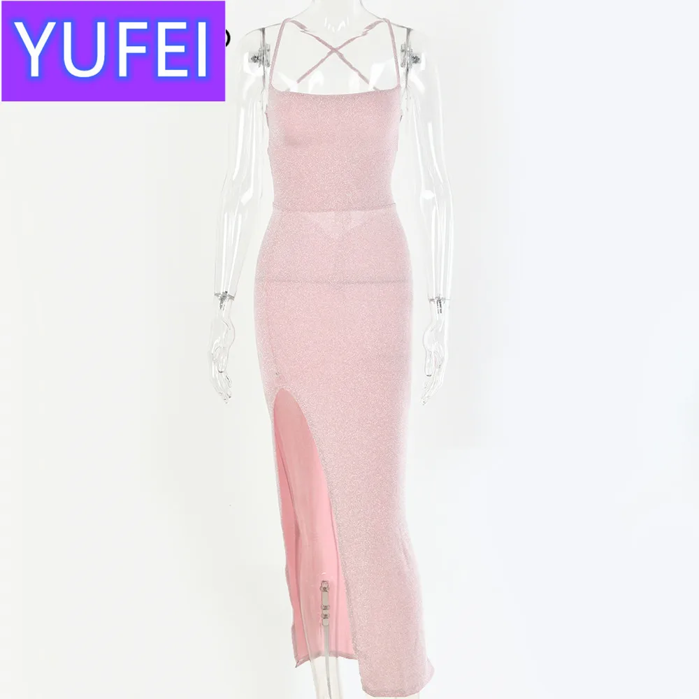 

Articat Long Backless Maxi Dress Women Spaghetti Strap High Split Bodycon Bandage Summer Dress Elegant Slim Party Dress Vestidos