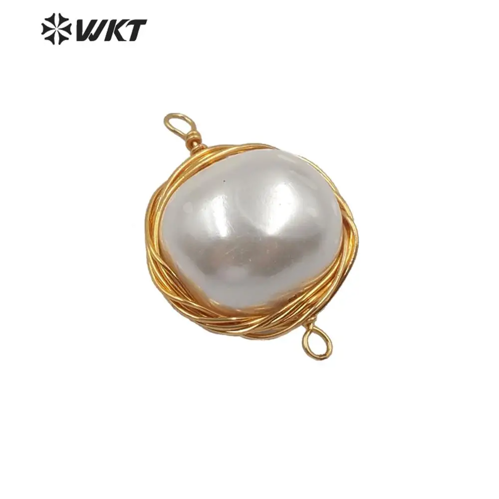 

WT-JP206 WKT разноцветные каменные бусины из латуни с проволокой, перламутровая Подвеска из гальванического золота, двойные подвески-петли Модн...