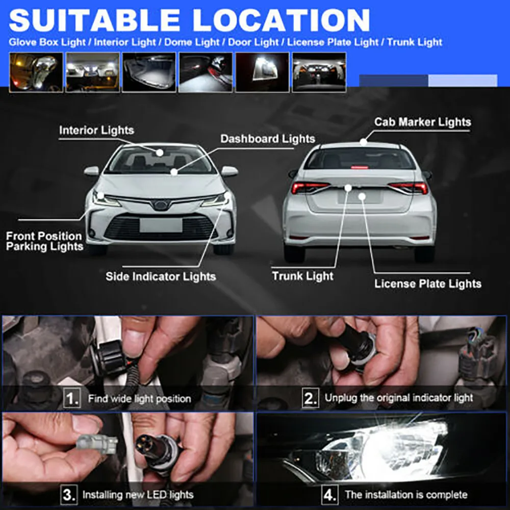 

20pcs Car Interior Light Parking Light Side Marker Light Tail Light Backup Lights Trunk Light License Plate Light T10 LED