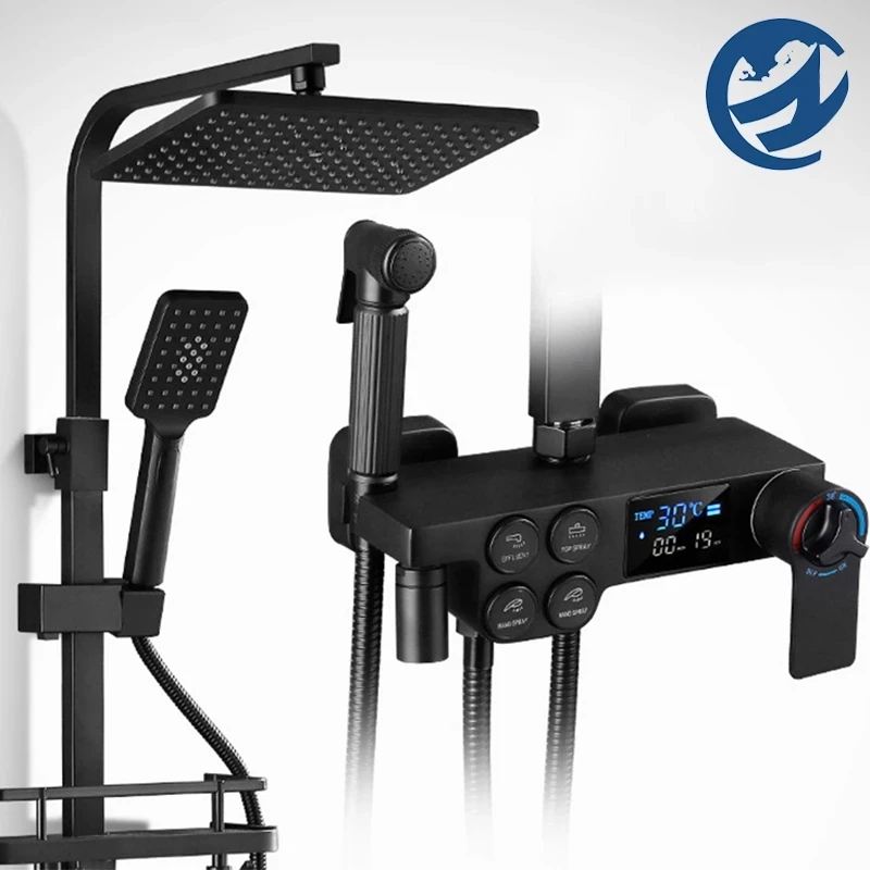 Черный термостатический цифровой Дисплей смеситель для душа дождь биде кран