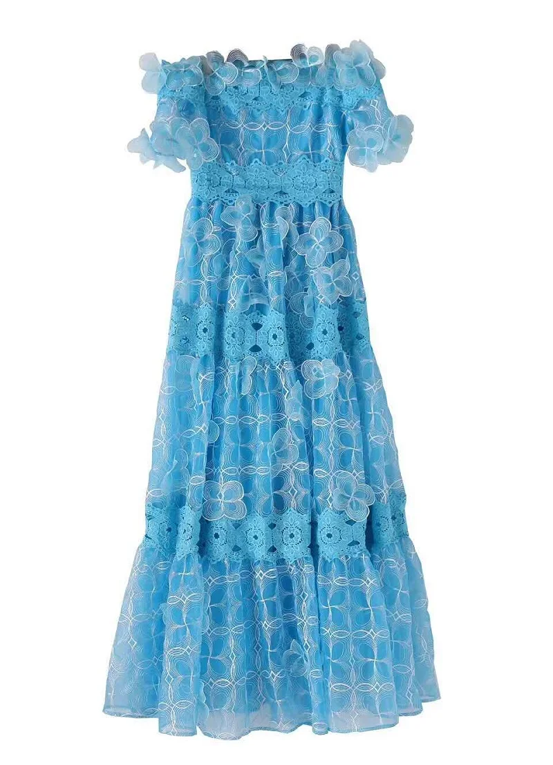 

Wedding Floor Length Party Fashion Long Dress 2021 Spring Summer Women Sexy Off Shuolder Hollow Out Lace Embroidery Maxi Dress