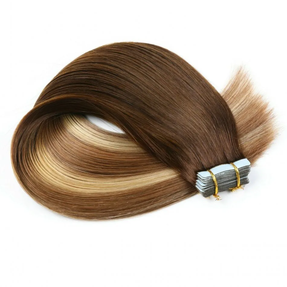 T4/27 P #4 Skin Weft Indian Remy Human Balayage Tape Hair Extensions