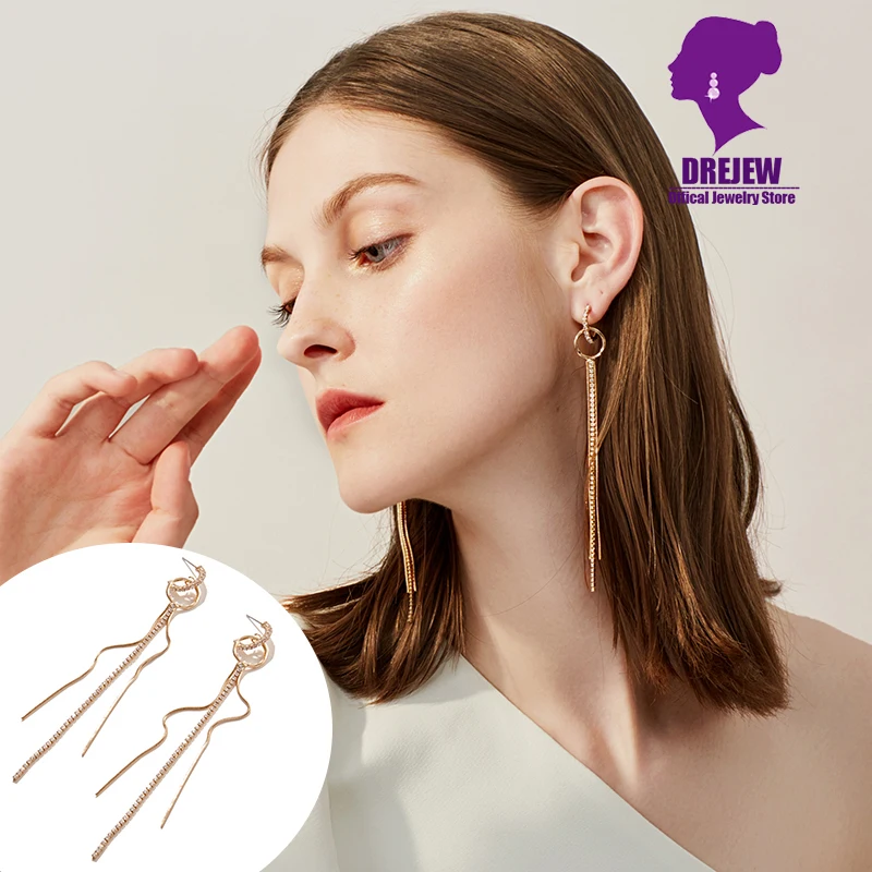 DREJEW Korean Long Tassel Statement Circle Earrings 925 Gold Silver Blue Rose Alloy High Street Fashion Drop Earrings for Women
