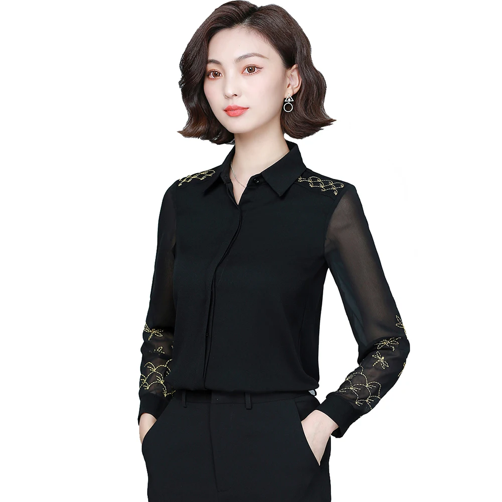 

Женская шифоновая блузка, демисезонная, офисная, с вышивкой в виде стрекозы, превосходного качества, 2021