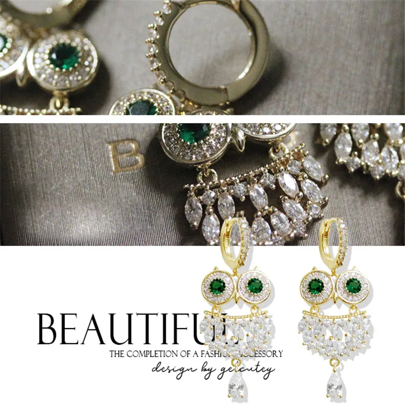 Серьги-клипсы S925 для женщин Высококачественная инкрустация зеленая стразы Сова