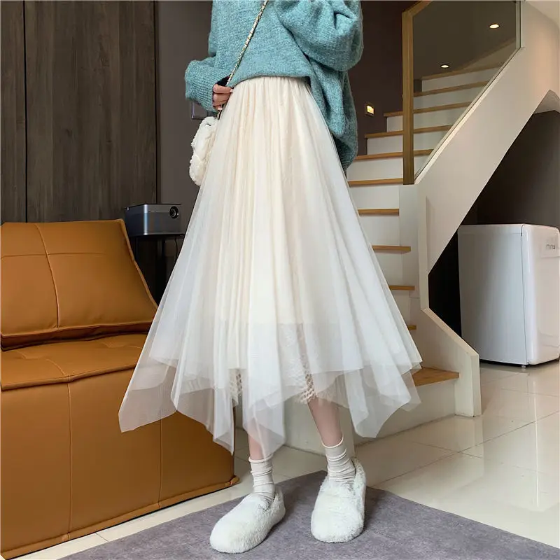 

Design sense minority medium length mesh skirt 2021 spring new fashion small irregular skirt women's fashion