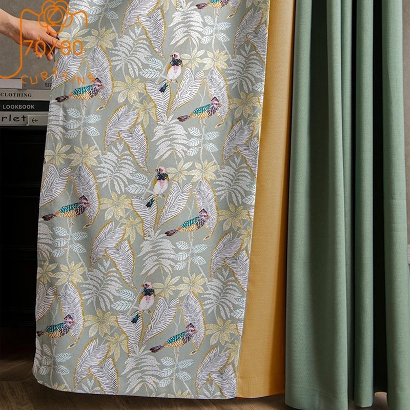 American Country Bird Print Green Cotton and Linen Thick Stitching Blackout Curtains for Living Room Bedroom Customization